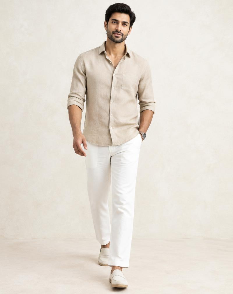 Men's Beige Linen Casual Shirt