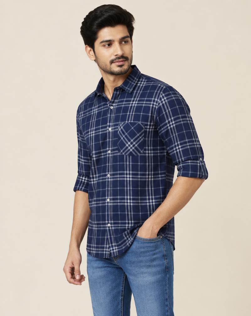 Men's Navy Blue Checked Casual Shirt