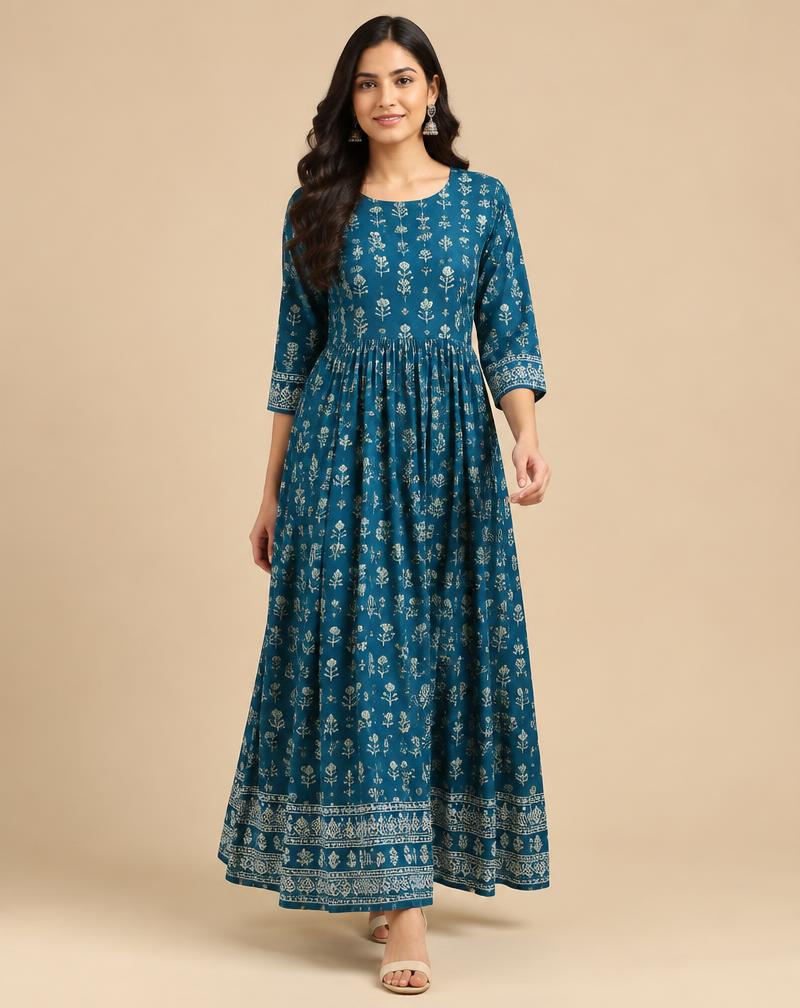 Women's Teal Blue Printed Maxi Dress